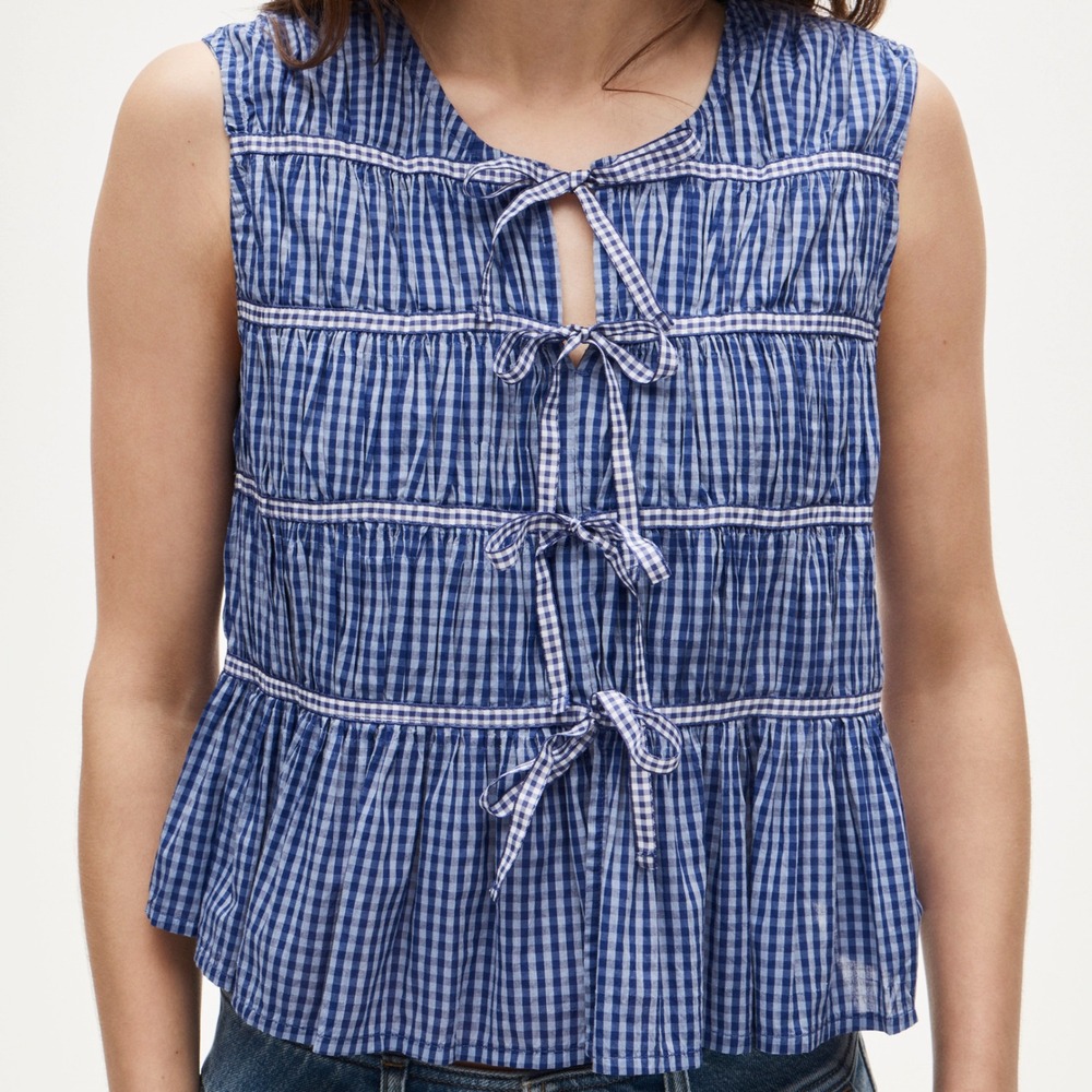 J.Crew Gingham Tiered Tie Front Sleeveless Cotton Blouse prairie preppy d5